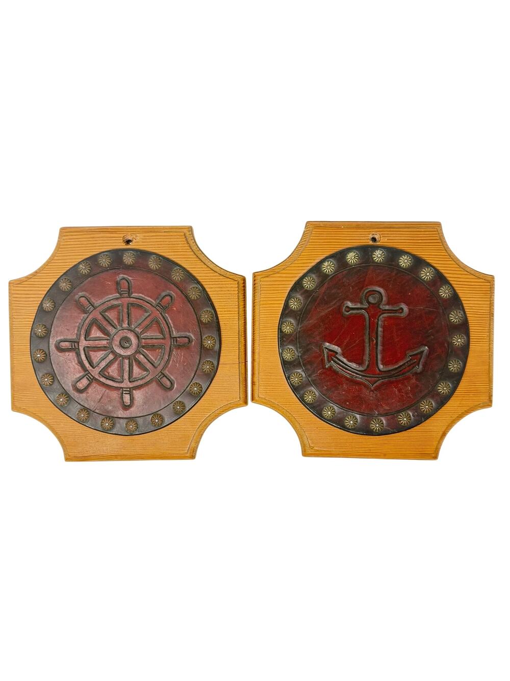 Vintage 70s Nautical Wood Trivets Anchor Ship Wheel Wall Hanging Set